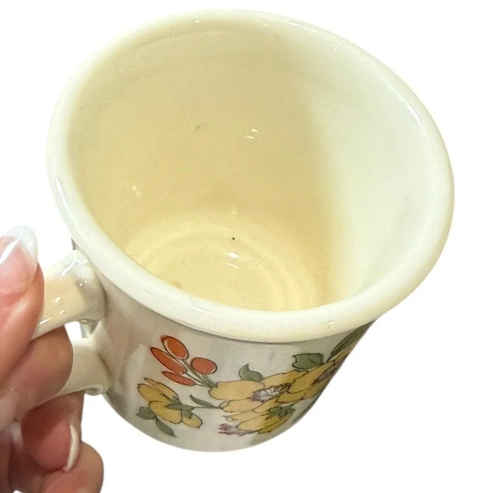 Vintage 70s Floral Mugs Taylor USA Set‎ 4 Yellow Orange Boho Retro Cups